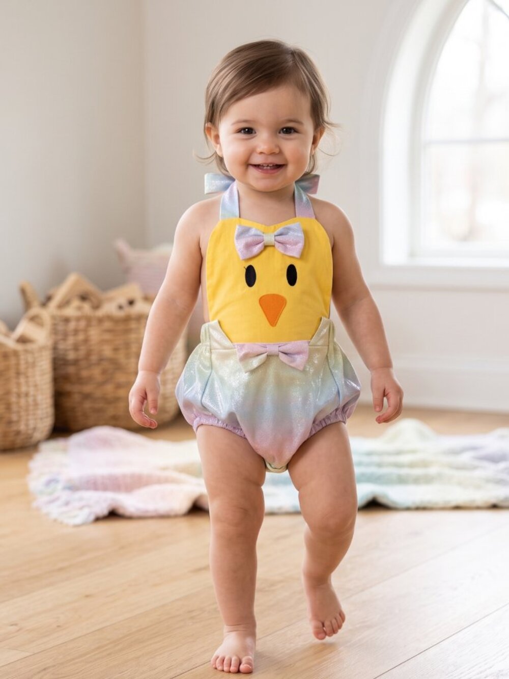 NWOT Infant Easter Chick Halter Romper Shimmer Pastel Rainbow Sunsuit 12-18M